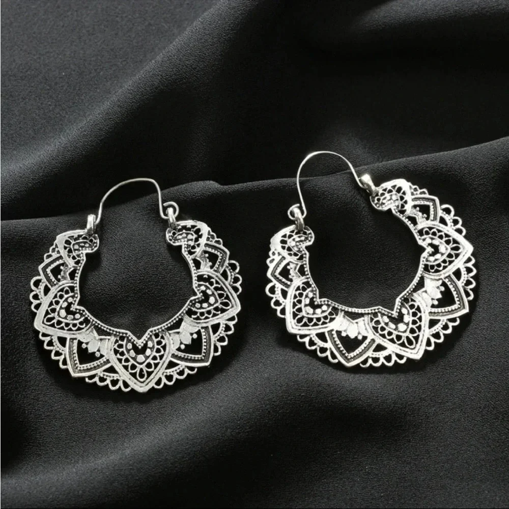 Women's Bohemian Silver Lotus Hollow Out Hoop Earrings